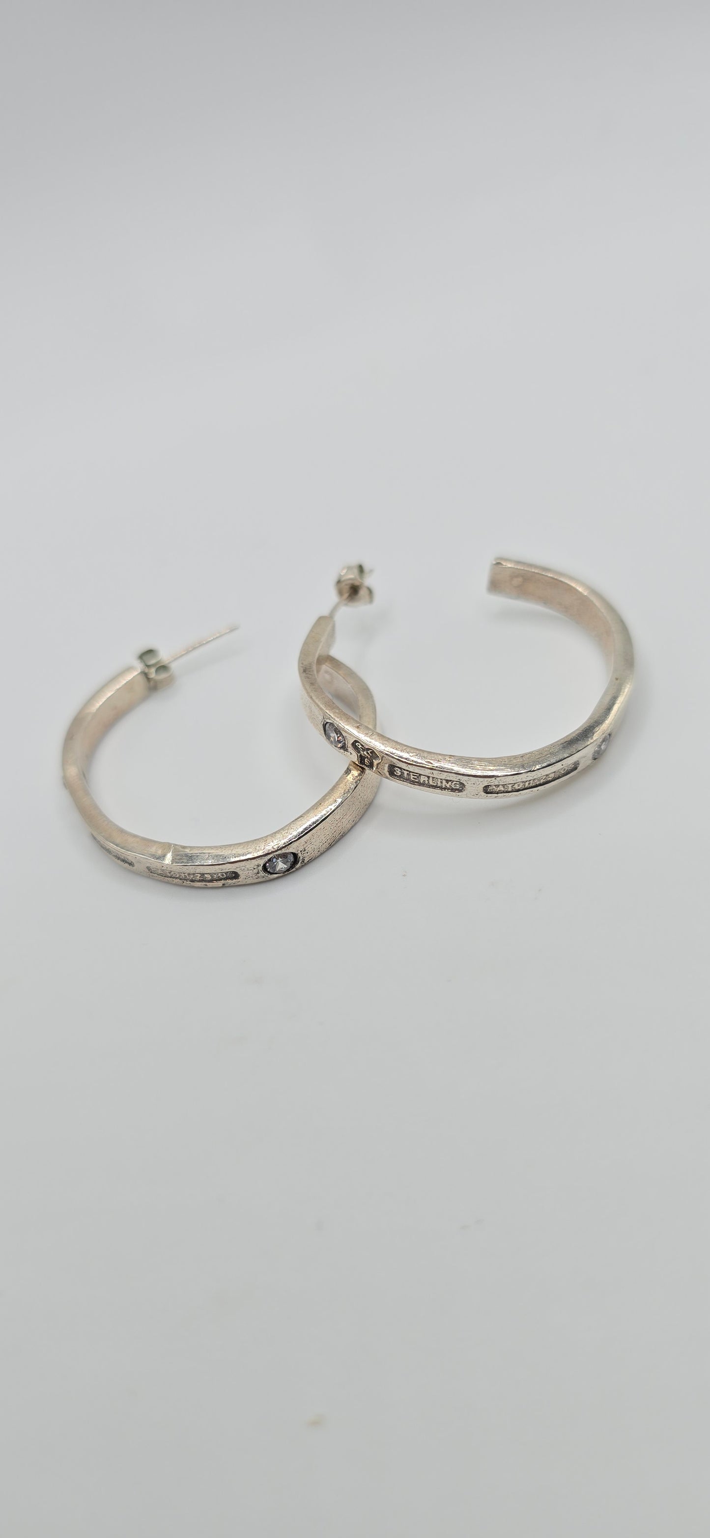 Antique 1905 Spoon Hoops in Sterling Silver; cz gemstones
