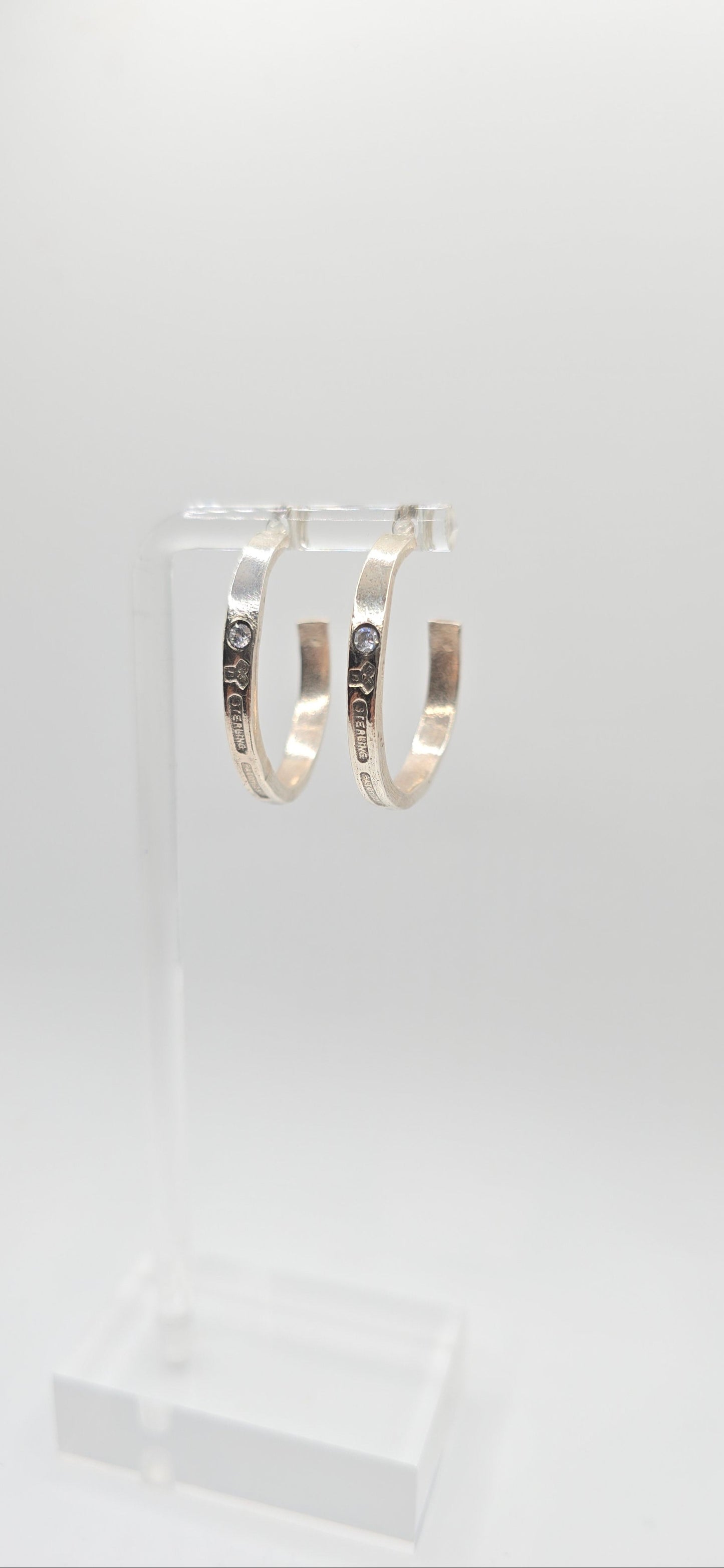 Antique 1905 Spoon Hoops in Sterling Silver; cz gemstones