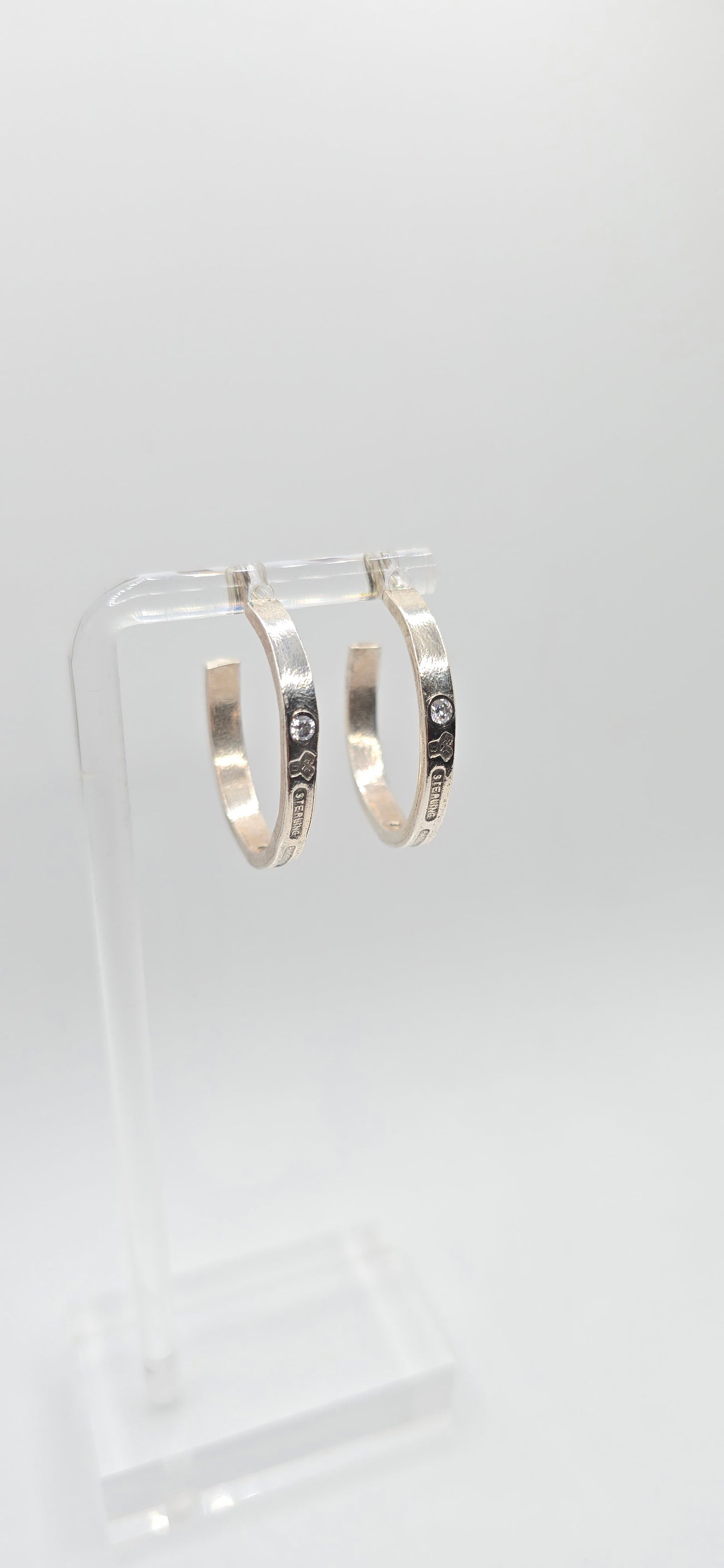 Antique 1905 Spoon Hoops in Sterling Silver; cz gemstones