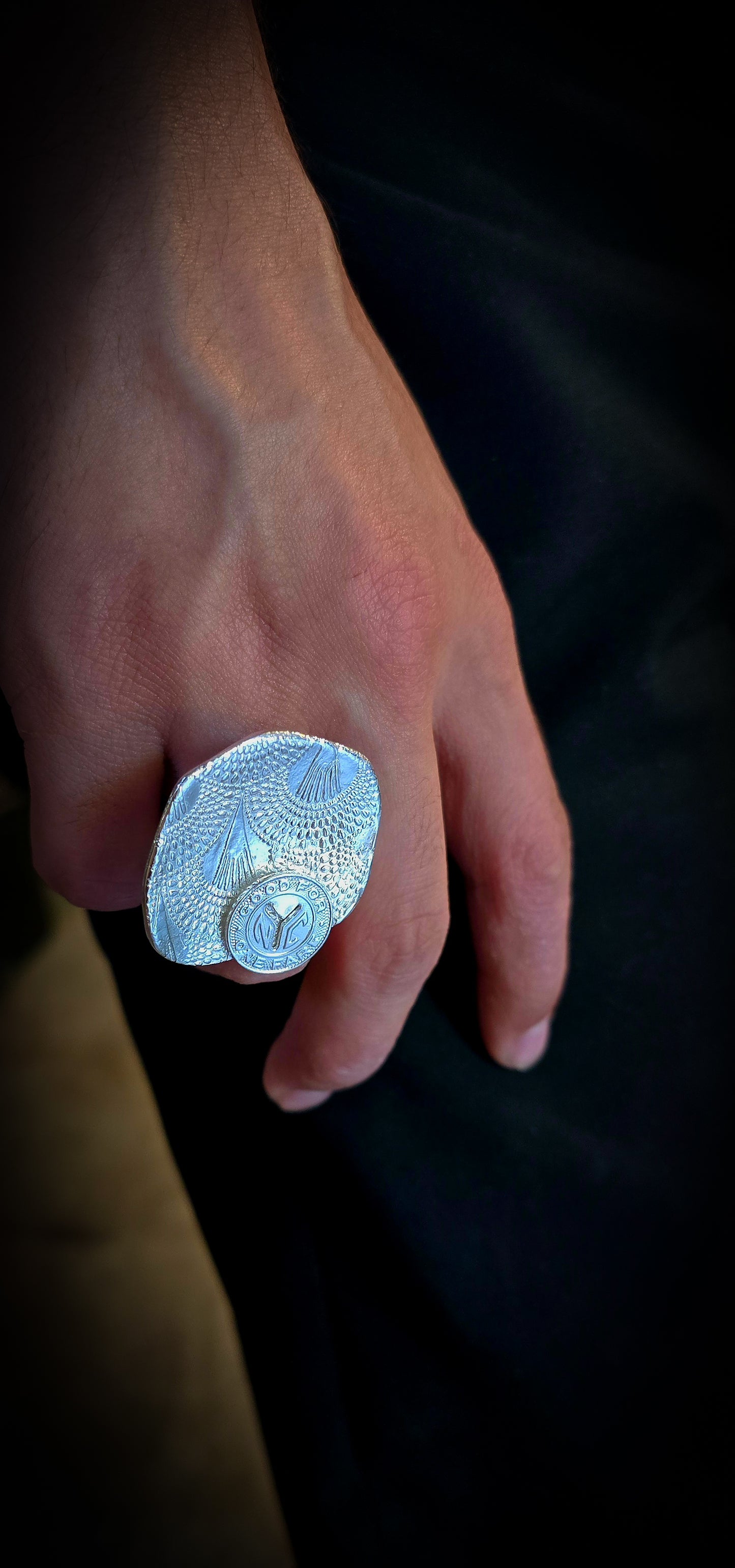 Ornate textured large cocktail ring size 10 by Jill Melyssa featuring a vintage NYC small Y subway token. Handcrafted in non tarnish sterling silver.