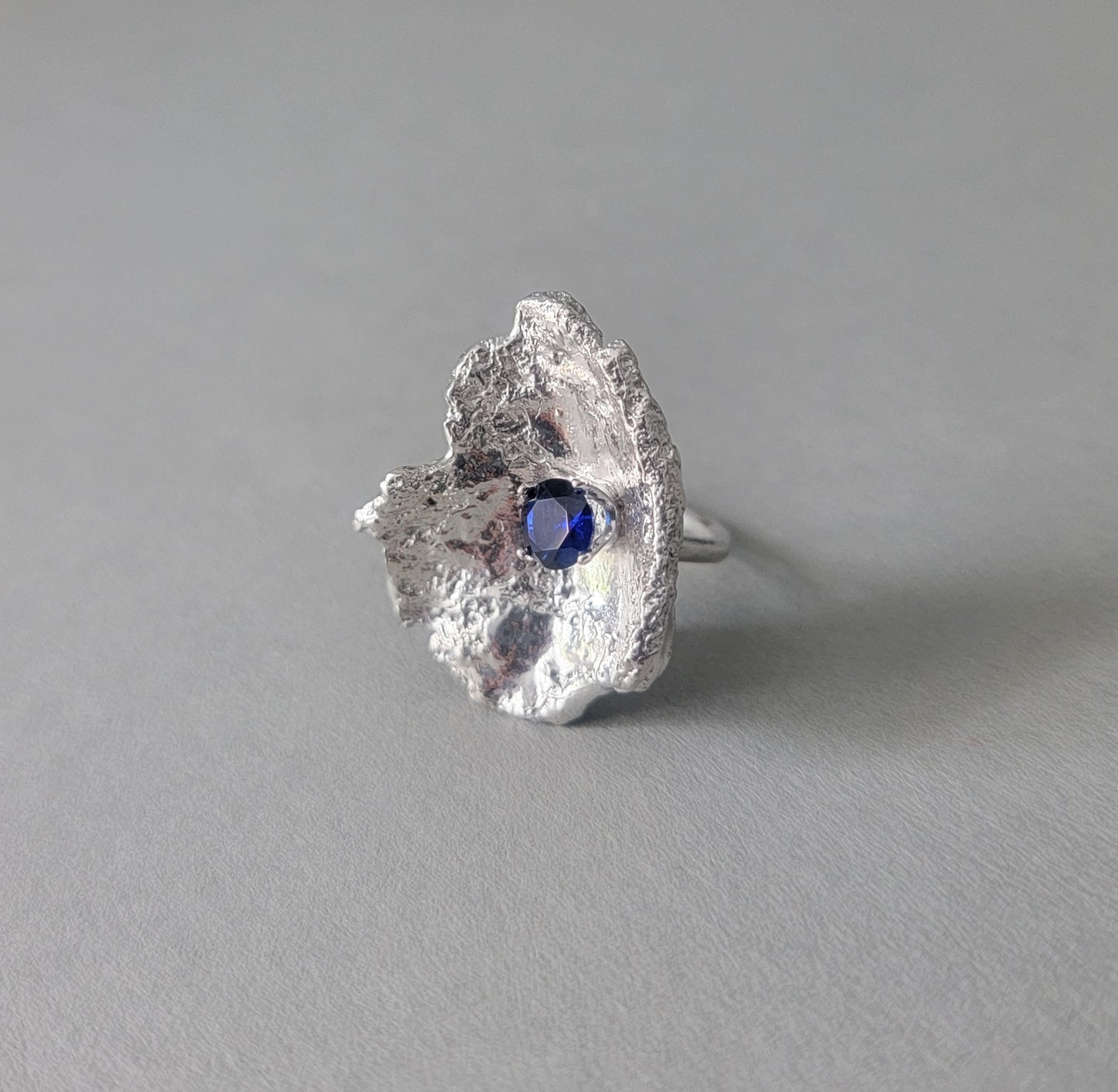 Abstract Chip Ring, Sterling Silver and Sapphire