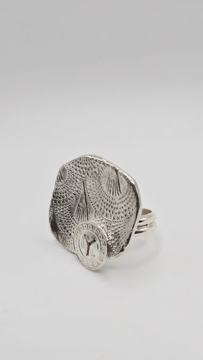 Ornate textured large cocktail ring size 10 by Jill Melyssa featuring a vintage NYC small Y subway token. Handcrafted in non tarnish sterling silver.