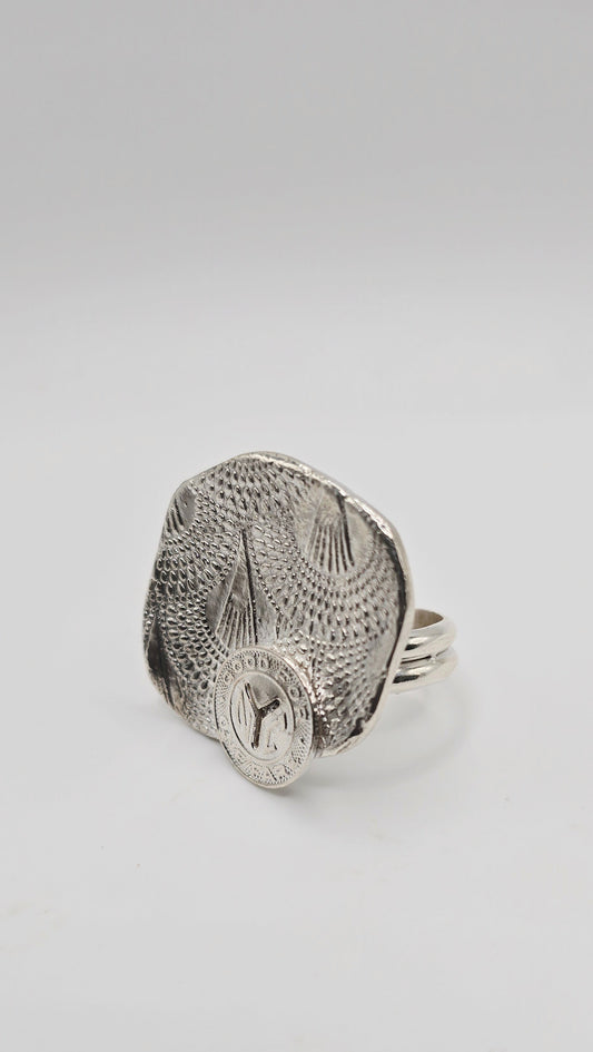 Ornate textured large cocktail ring size 10 by Jill Melyssa featuring a vintage NYC small Y subway token. Handcrafted in non tarnish sterling silver.