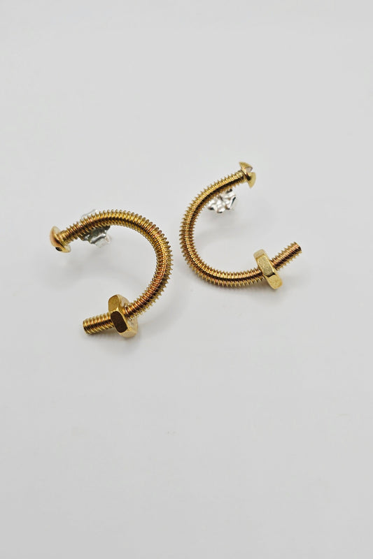 Unique brass screw earrings by Jill Melyssa with real nuts. Sterling silver ear posts