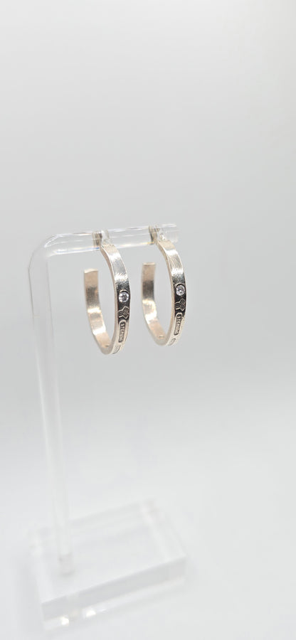 Antique 1905 Spoon Hoops in Sterling Silver; cz gemstones