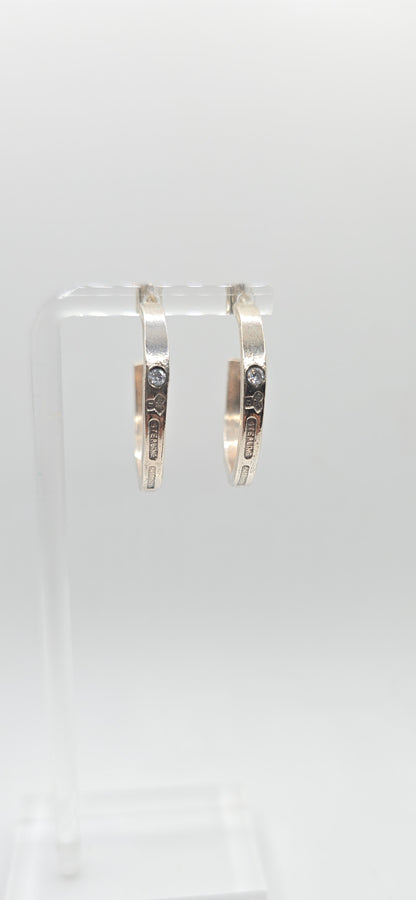 Antique 1905 Spoon Hoops in Sterling Silver; cz gemstones