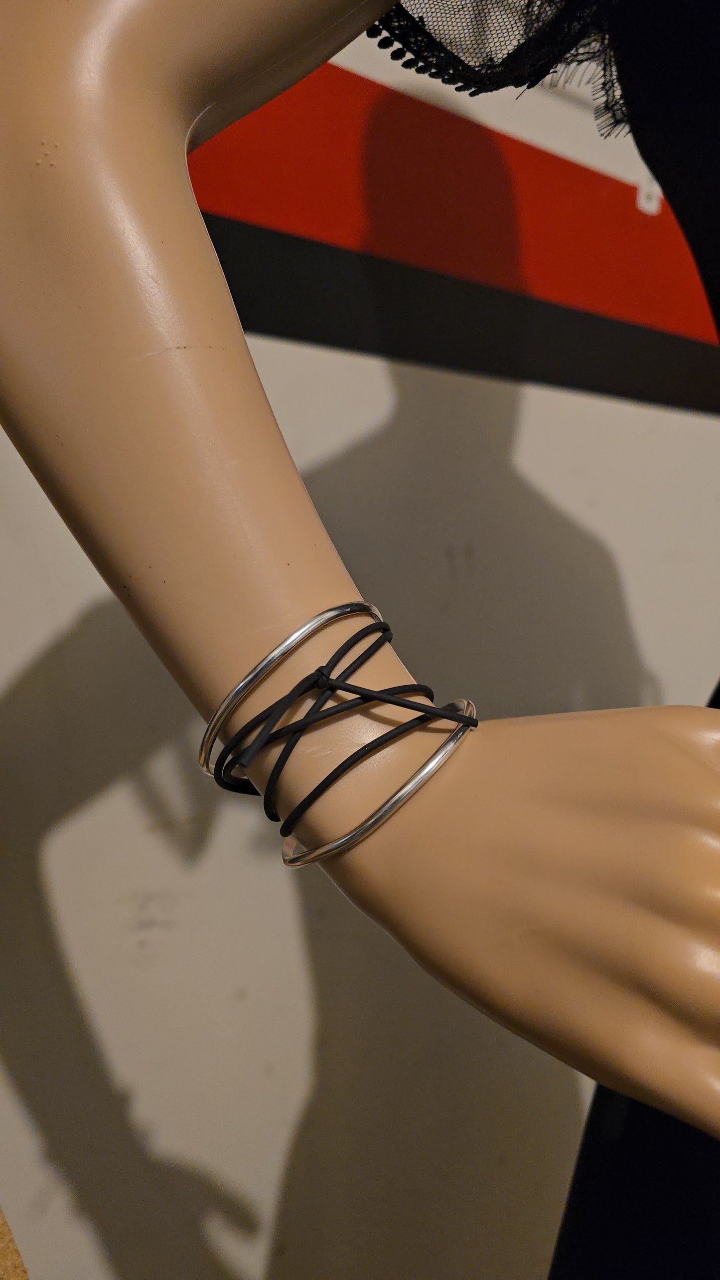 Sterling Silver and Rubber Tension Cuff- Hand Fabricated Repaired Open Cuff Bracelet- Under Impact Series