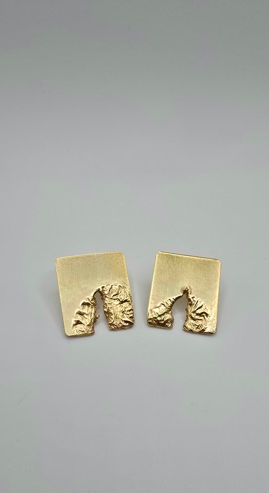 Rectangular Textured Brass Earrings- Sculptural Melted & Torn Statement Jewelry- Under Impact Series