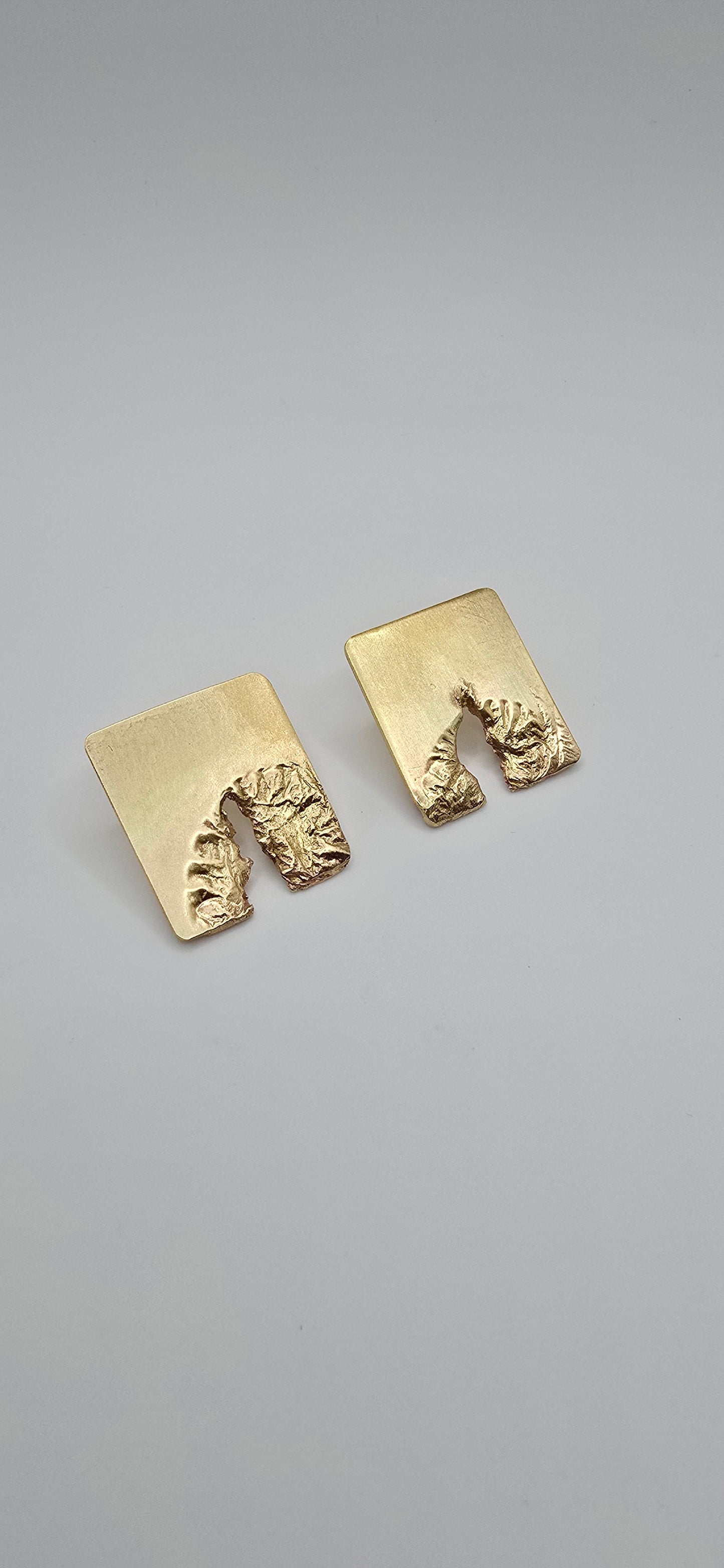 Rectangular Textured Brass Earrings- Sculptural Melted & Torn Statement Jewelry- Under Impact Series