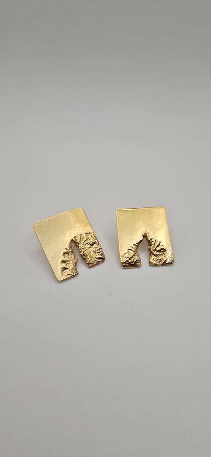 Rectangular Textured Brass Earrings- Sculptural Melted & Torn Statement Jewelry- Under Impact Series