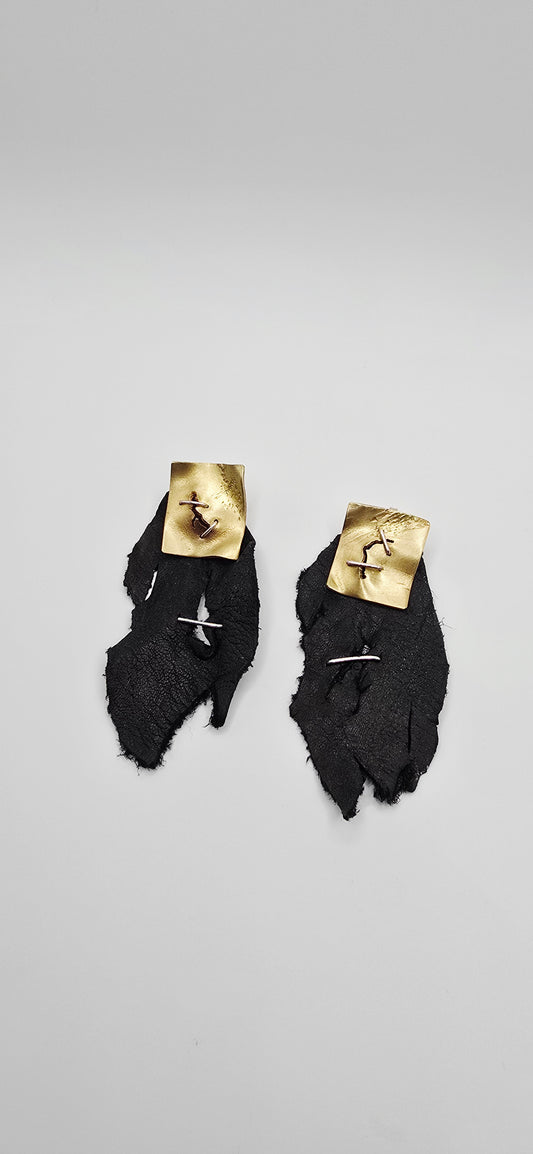 Stapled Brass & Leather Statement Earrings- Hand Fabricated Mixed Metal Sculptural Earrings- Under Impact Series