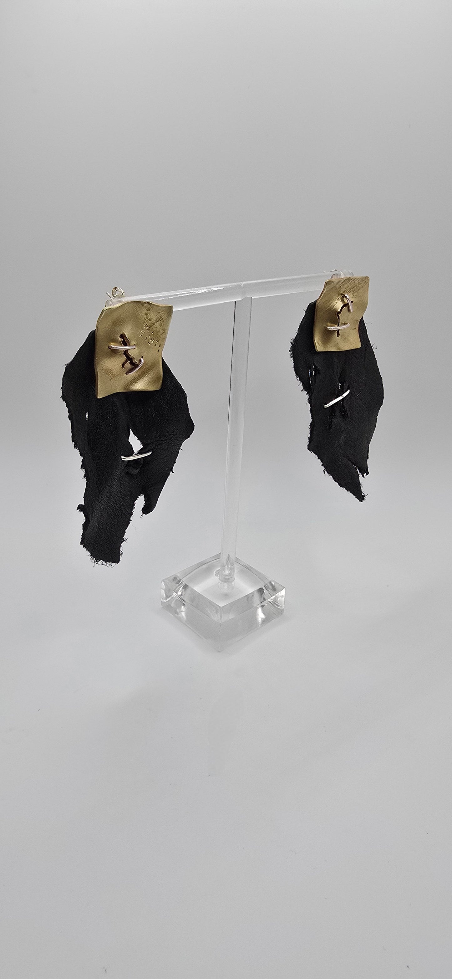 Stapled Brass & Leather Statement Earrings- Hand Fabricated Mixed Metal Sculptural Earrings- Under Impact Series