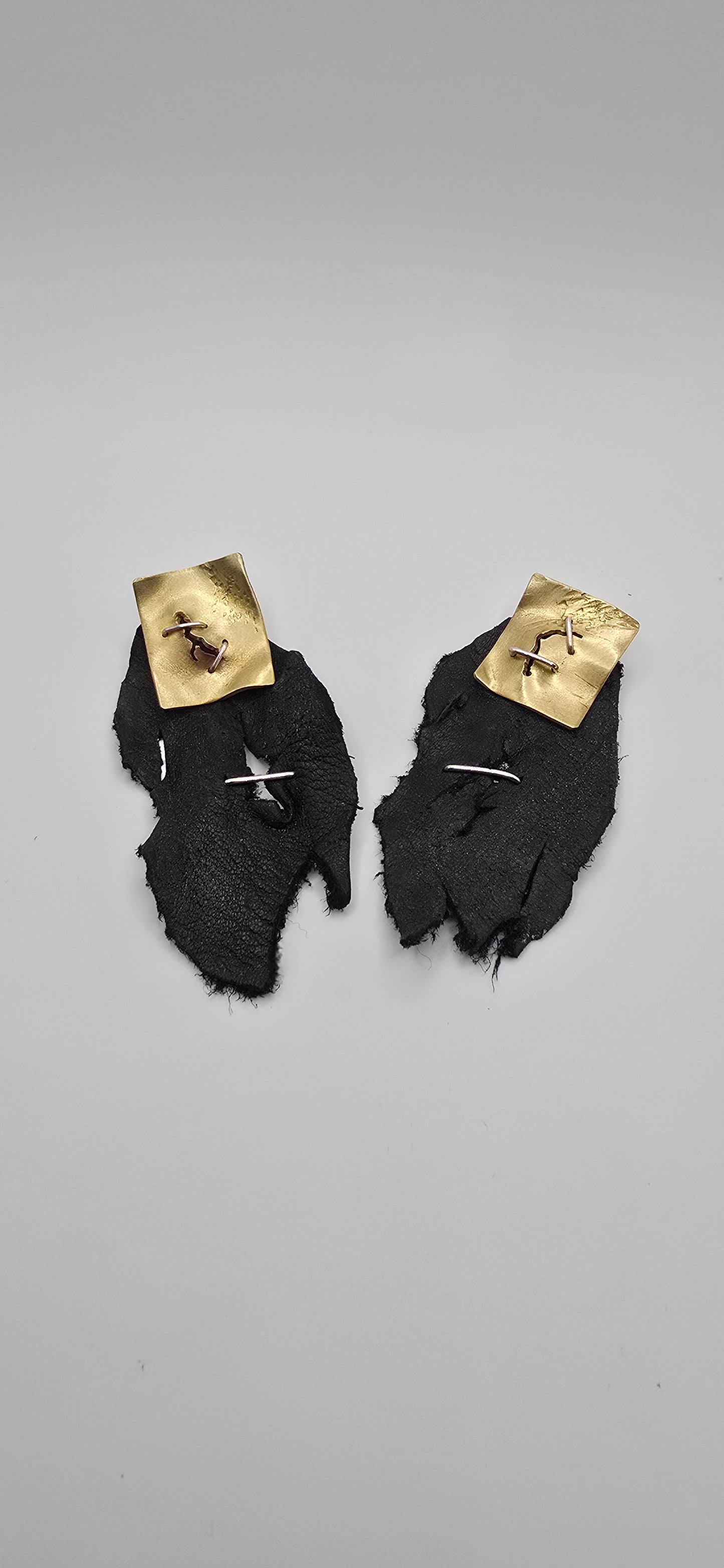 Stapled Brass & Leather Statement Earrings- Hand Fabricated Mixed Metal Sculptural Earrings- Under Impact Series