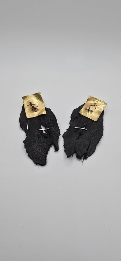 Stapled Brass & Leather Statement Earrings- Hand Fabricated Mixed Metal Sculptural Earrings- Under Impact Series