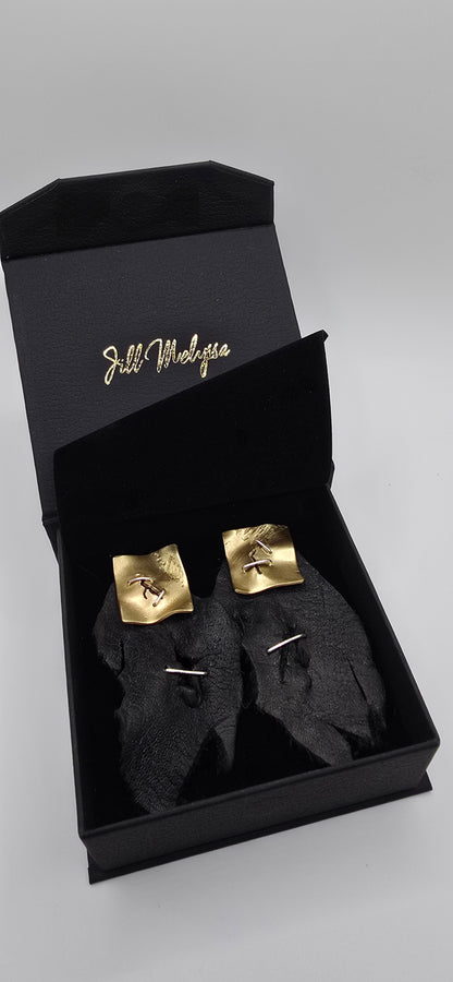 Stapled Brass & Leather Statement Earrings- Hand Fabricated Mixed Metal Sculptural Earrings- Under Impact Series