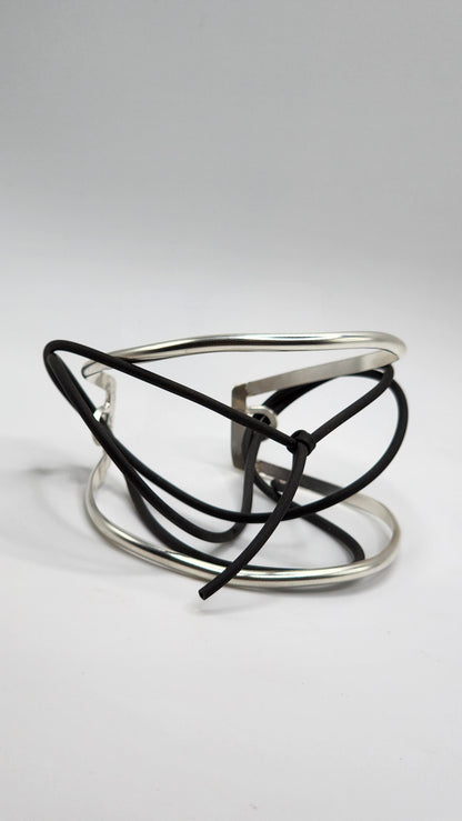 Sterling Silver and Rubber Tension Cuff- Hand Fabricated Repaired Open Cuff Bracelet- Under Impact Series