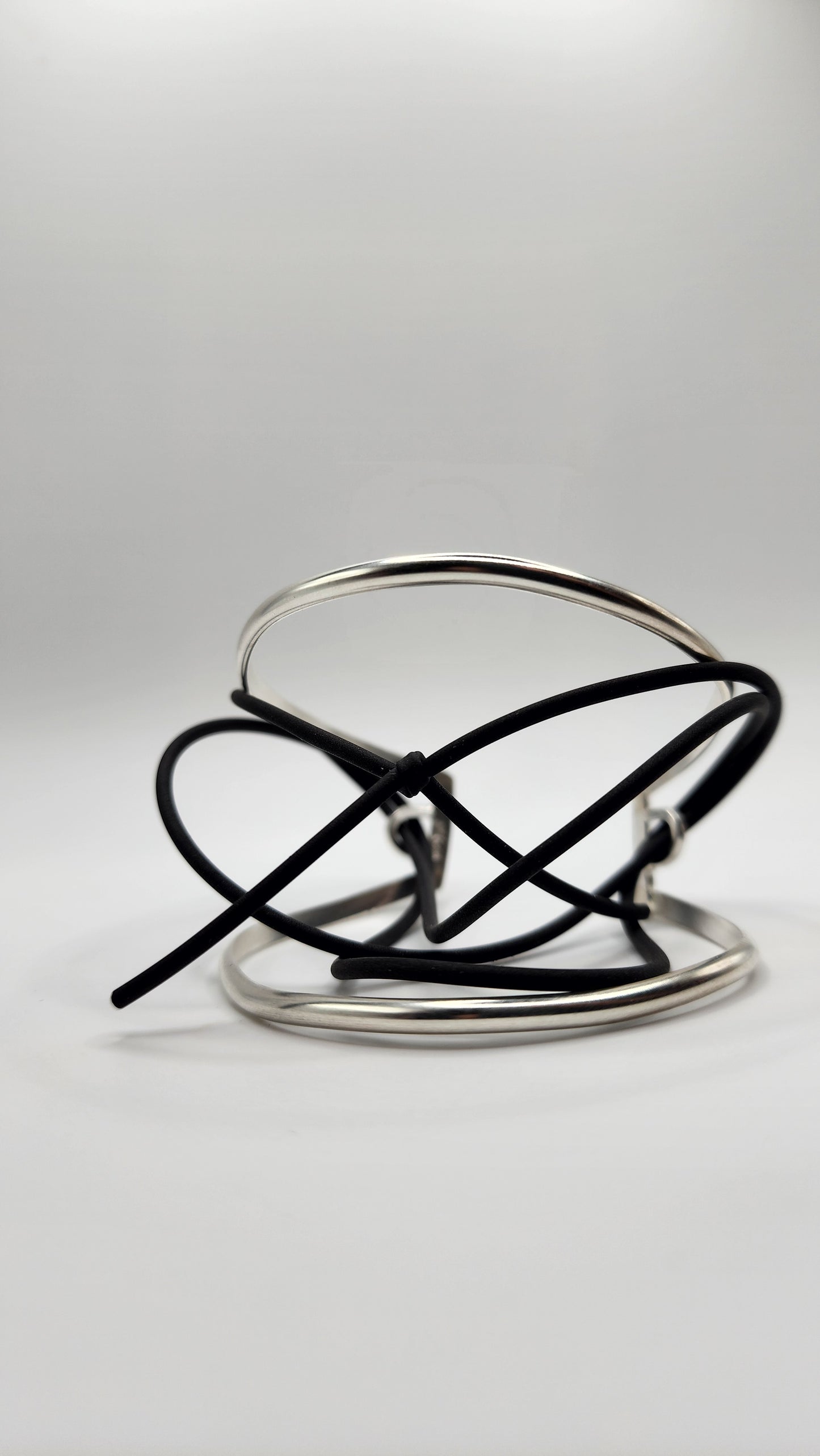 Sterling Silver and Rubber Tension Cuff- Hand Fabricated Repaired Open Cuff Bracelet- Under Impact Series