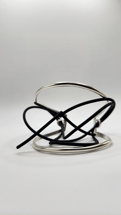 Sterling Silver and Rubber Tension Cuff- Hand Fabricated Repaired Open Cuff Bracelet- Under Impact Series