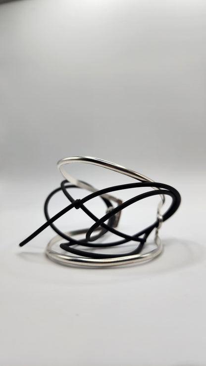Sterling Silver and Rubber Tension Cuff- Hand Fabricated Repaired Open Cuff Bracelet- Under Impact Series
