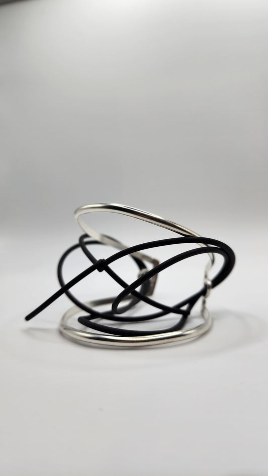 Sterling Silver and Rubber Tension Cuff- Hand Fabricated Repaired Open Cuff Bracelet- Under Impact Series