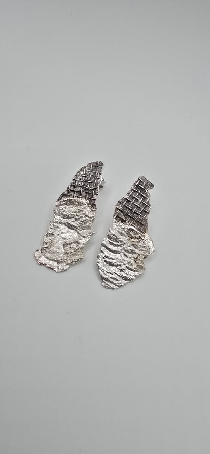 Sterling Silver Mesh Textured Earrings- Hand Fabricated Urban Freeform Statement Ring- Under Impact Series