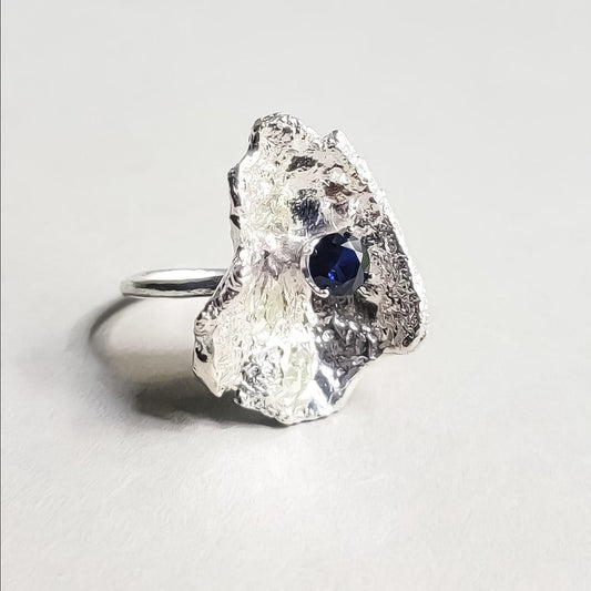 Abstract Chip Ring, Sterling Silver and Sapphire