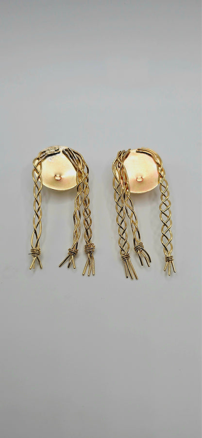 Pair of gold brass earrings of a little girl with braids by Jill Melyssa
