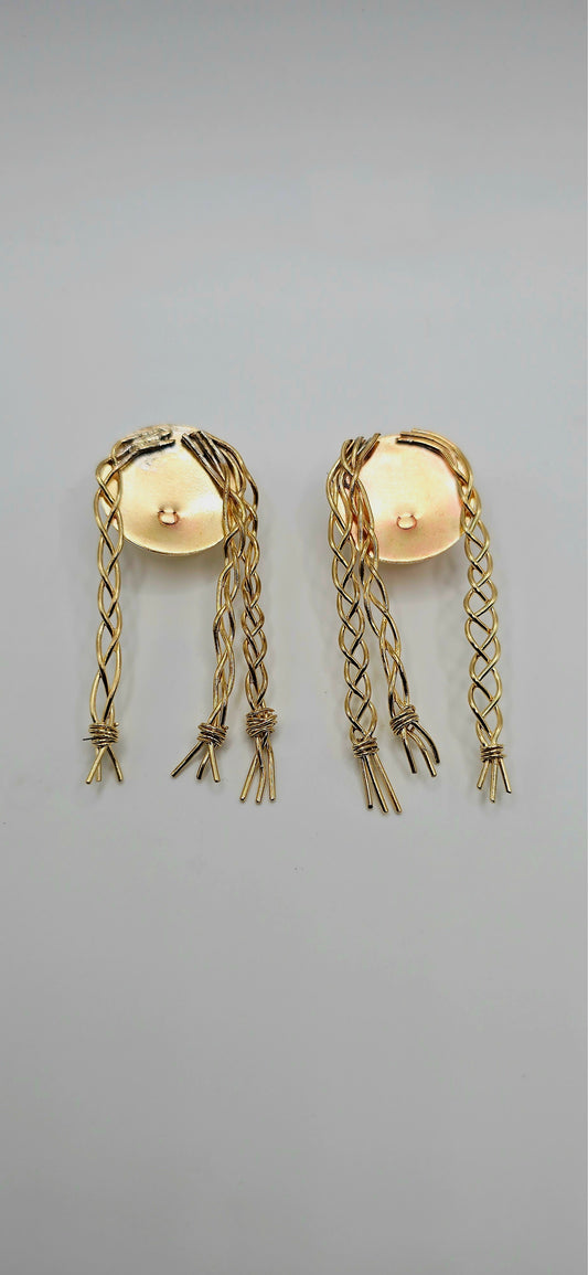 Pair of gold brass earrings of a little girl with braids by Jill Melyssa