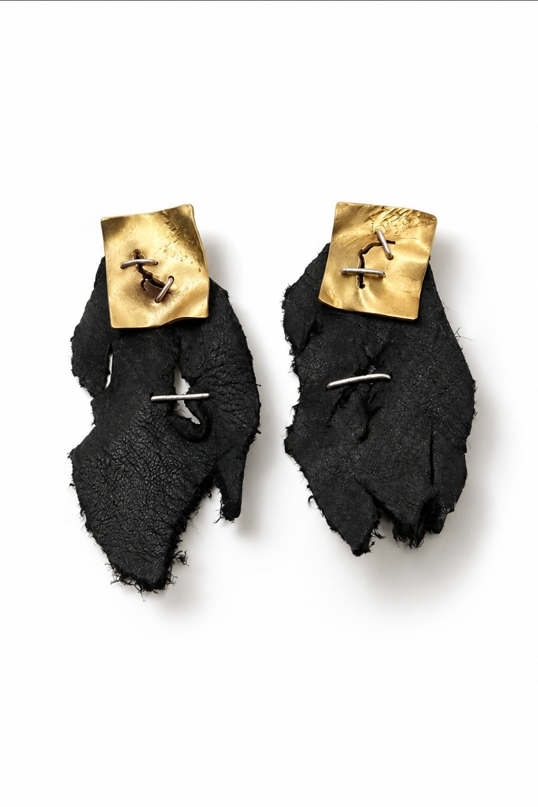 Stapled Brass & Leather Statement Earrings- Hand Fabricated Mixed Metal Sculptural Earrings- Under Impact Series