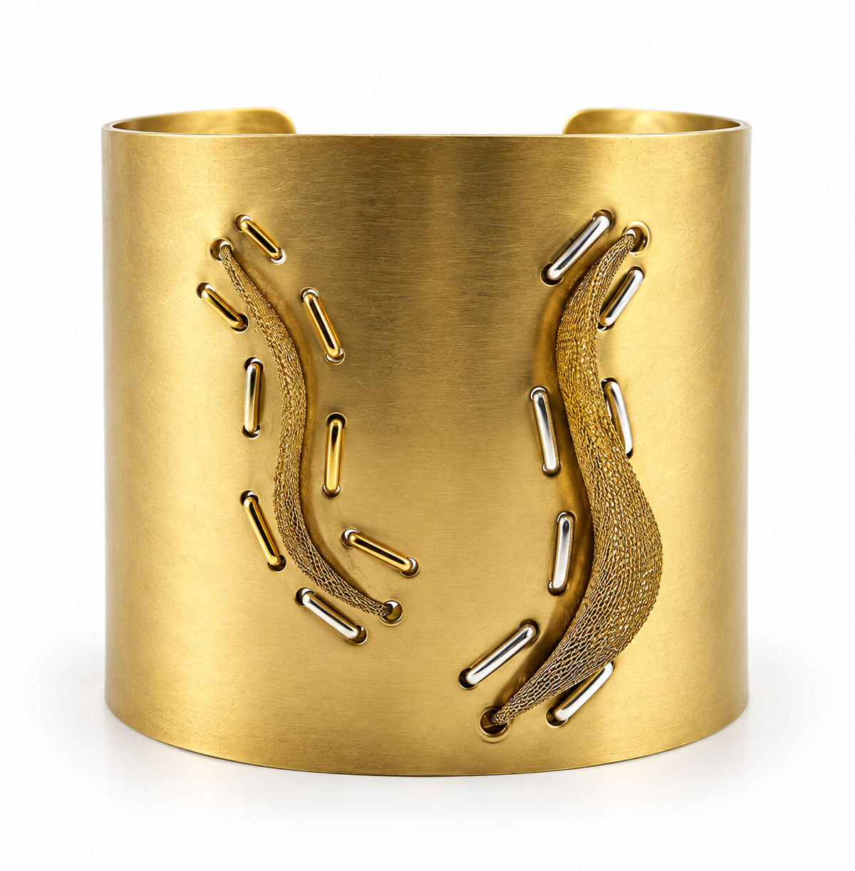 One of a kind Two Truths brass cuff bracelet featuring flexible transparent metal mesh flowing in soft waves across a structured brass band, accented with brass and sterling silver wire.