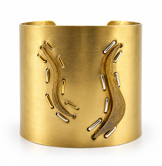 One of a kind Two Truths brass cuff bracelet featuring flexible transparent metal mesh flowing in soft waves across a structured brass band, accented with brass and sterling silver wire.