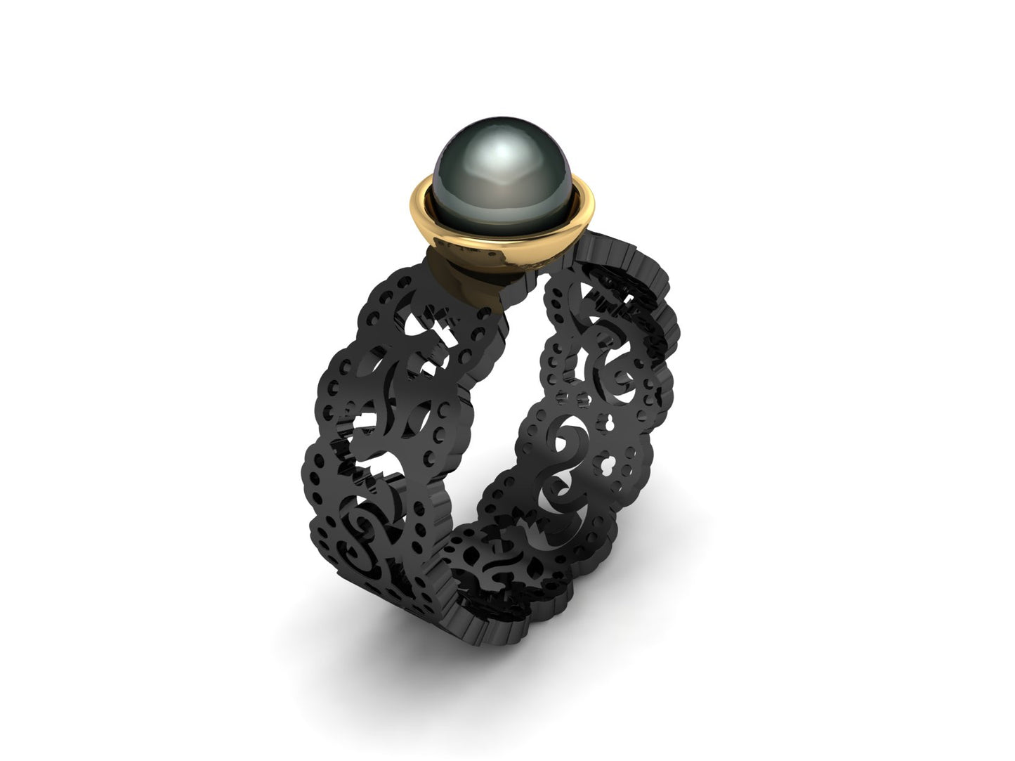 Lace Ring Black in Sterling Silver with Freshwater Round Pearl