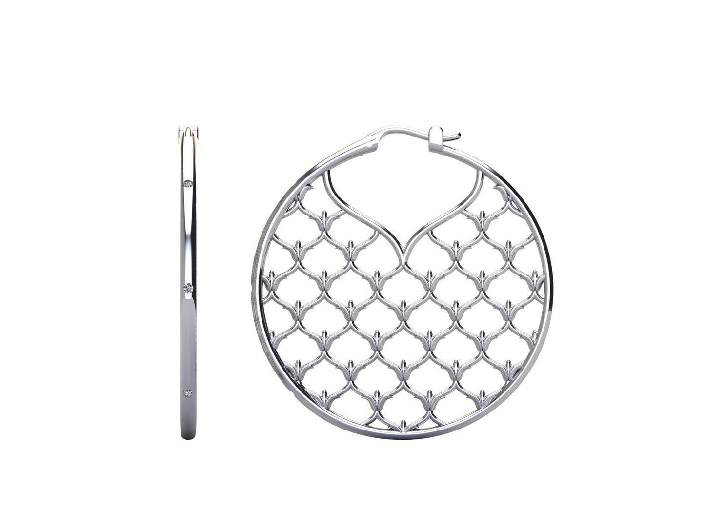La Fleur Window Grate Hoop Earrings in Sterling with Diamonds, 36mm
