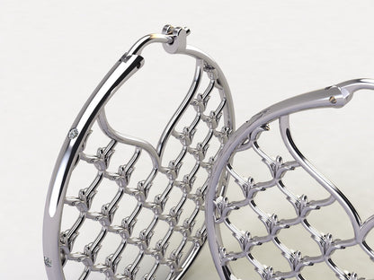 La Fleur Window Grate Hoop Earrings in Sterling with Diamonds, 36mm
