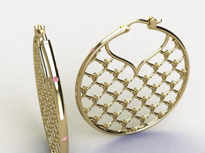 La Fleur Window Grate Gold Hoop Earrings, 36mm with Stones